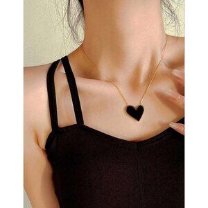 18k Gold Plated  & Black Heart Pendant Necklace For Women Stainless Steel